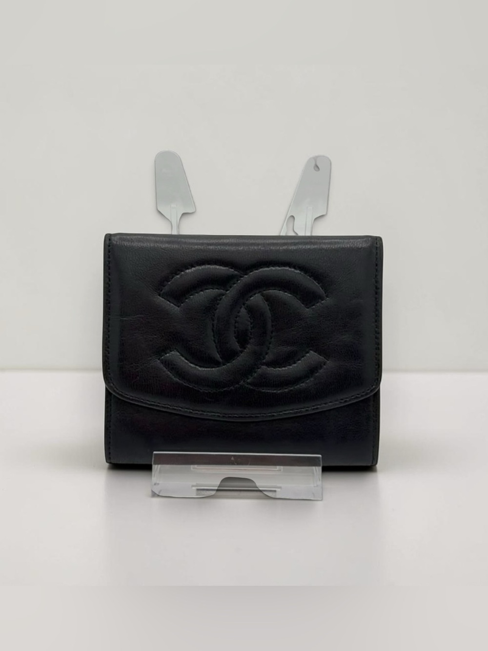 CHANEL Vintage Black Lamb Skin CC Logo Card / Coin Wallet